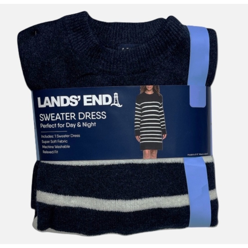 Lands End Womens Sweater‎ Dress Navy Blue White Striped Long Sleeve Size Large